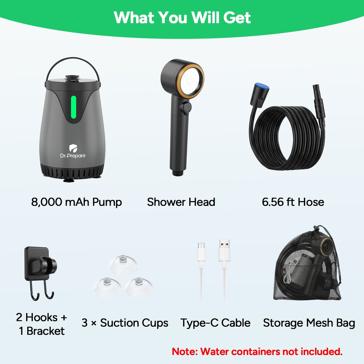 Portable Camping Shower with 8000mAh Battery, 180 Min Runtime & 3 Spray Modes