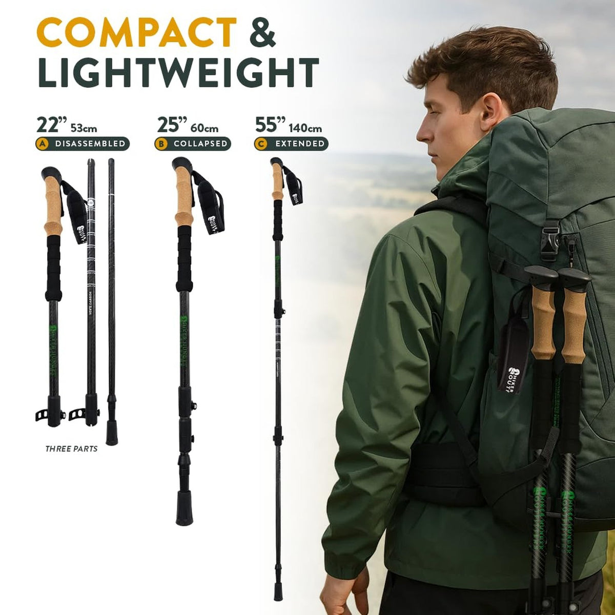 Carbon Fiber Trekking Poles Lightweight Collapsible Hiking Poles with Cork Grips