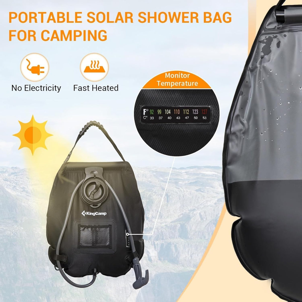 Portable Solar Shower Bag 5 Gallon with Thermometer & Removable Hose for Camping
