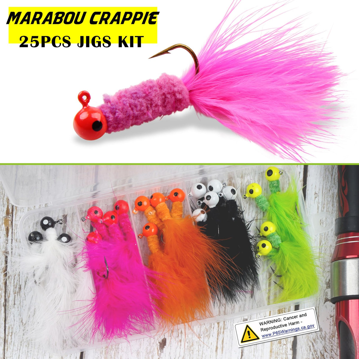 Crappie Fishing Jig Heads Kit - 25pcs Bright Feather & Steel Hooks