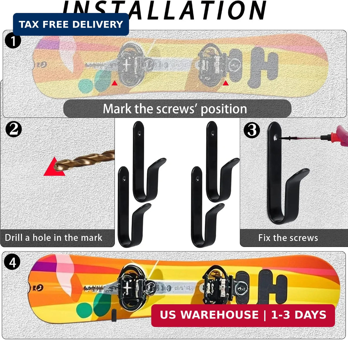 Snowboard Wall Mount Clips - 4 Pack Wall Rack for Snowboards & Skateboards