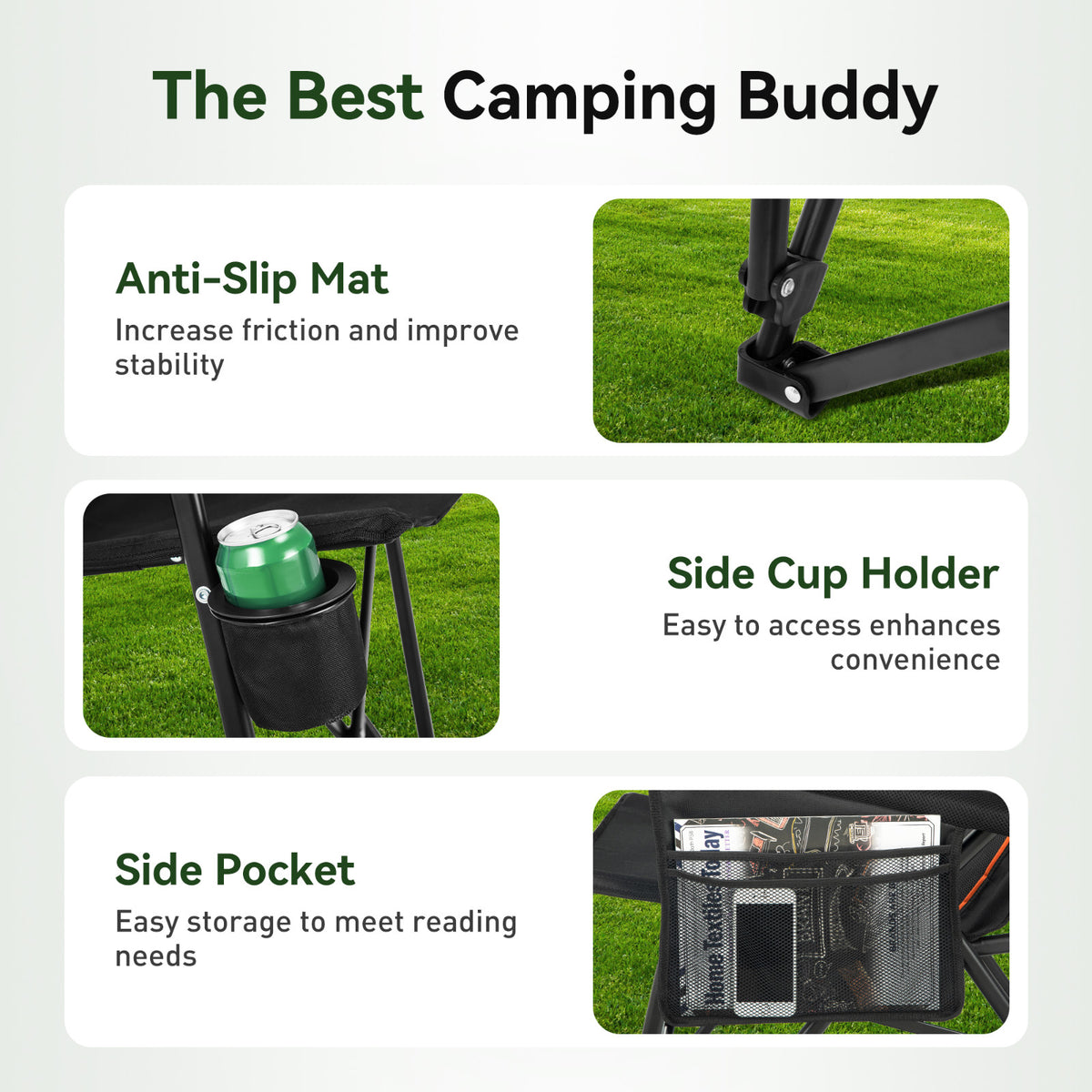 Heavy Duty Oversized Camping Chair with High Back Support - Portable 500LBS Black