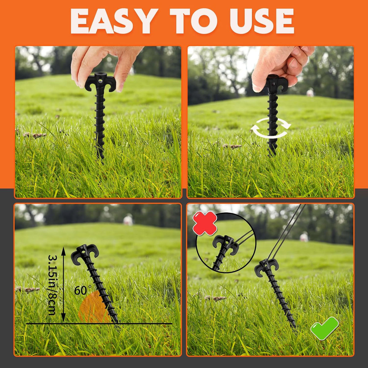 8 Pack 7.5 Inch Black Plastic Tent Stakes Spiral Sand Anchors for Camping Hiking