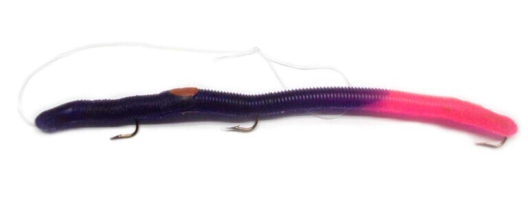 Pre-Rigged Bass Worms Set - 12 Purple Fire Tail Scented Plastic Lures