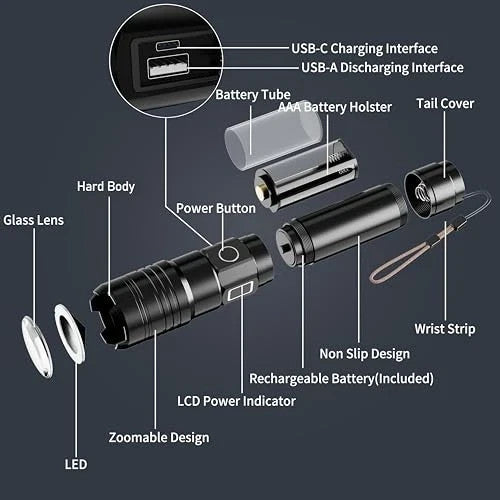 Rechargeable LED Flashlight 1500000LM Waterproof Zoom Fire Starter