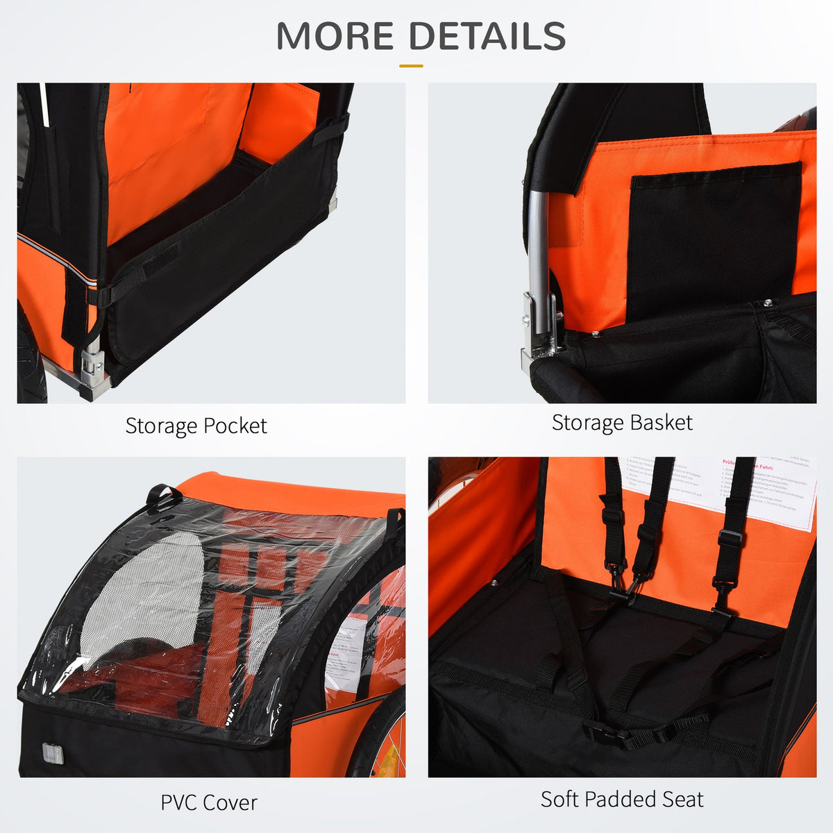2-Seat Kids Bicycle Trailer - Orange, Steel Frame & Easy Entry