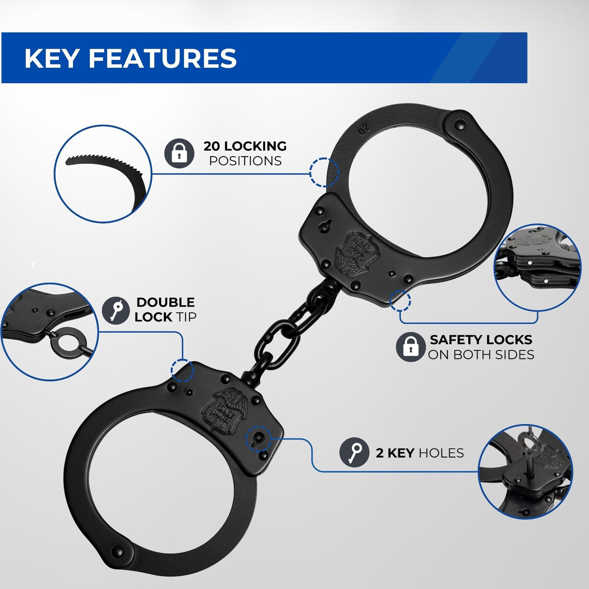 Heavy Duty Steel Handcuffs with Dual Safety Locks - Law Enforcement Gear
