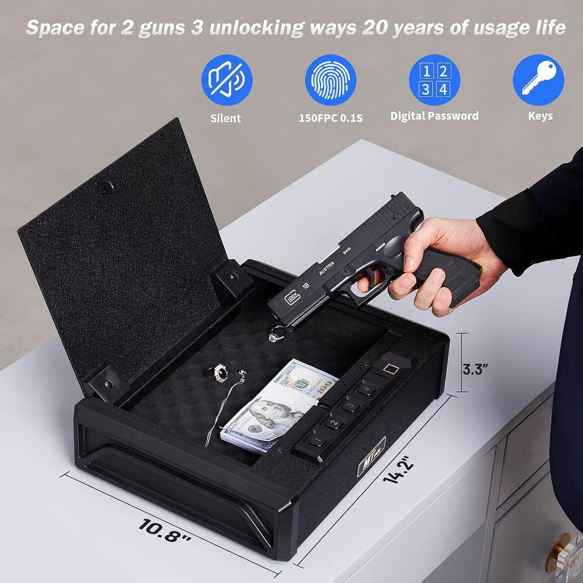 Portable Biometric Gun Safe with Fingerprint & PIN Lock for 2 Pistols