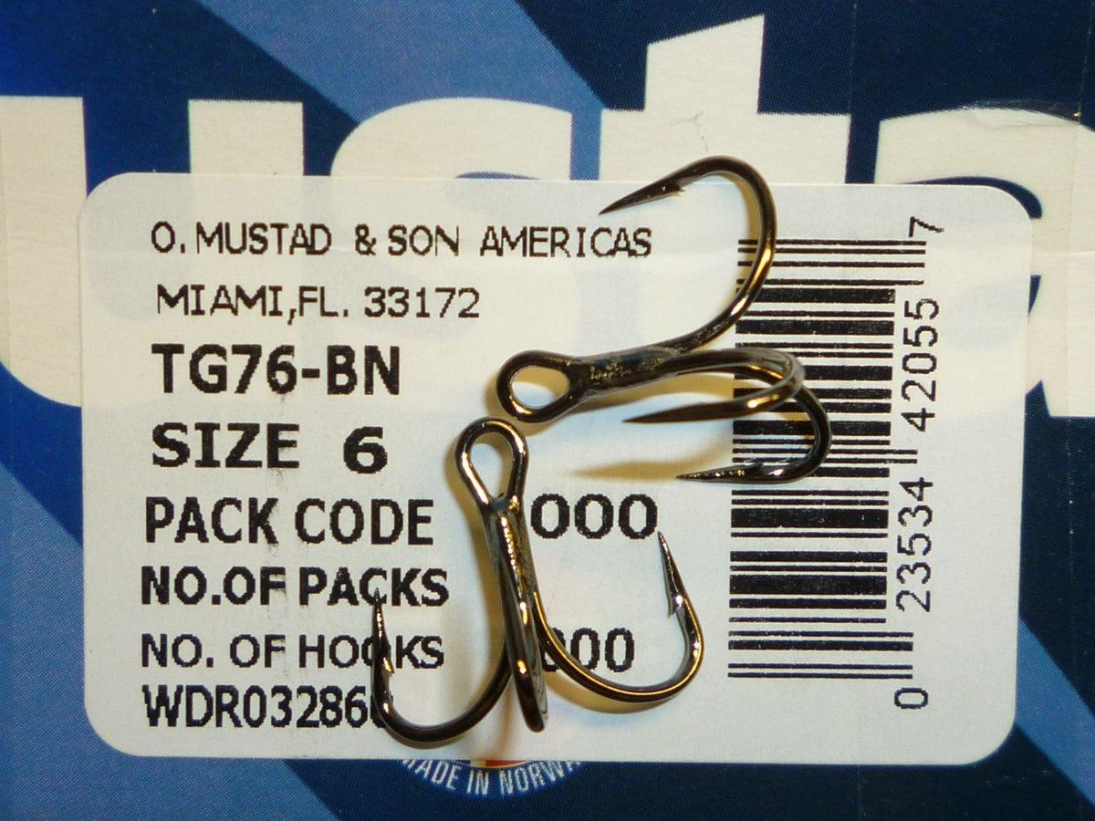 Mustad Triple-Grip Size 6 Treble Hooks Bulk (TG76-BN) Wide-Gap Short-Shank