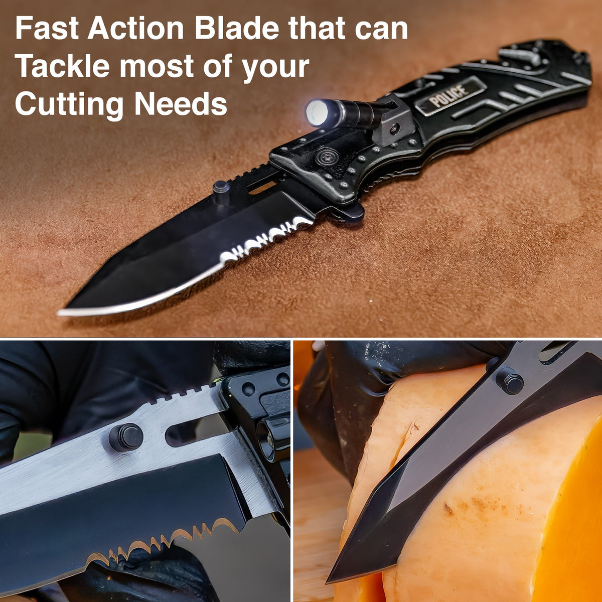 Emergency Tactical Knife with LED Light, Glass Breaker & Seat Belt Cutter