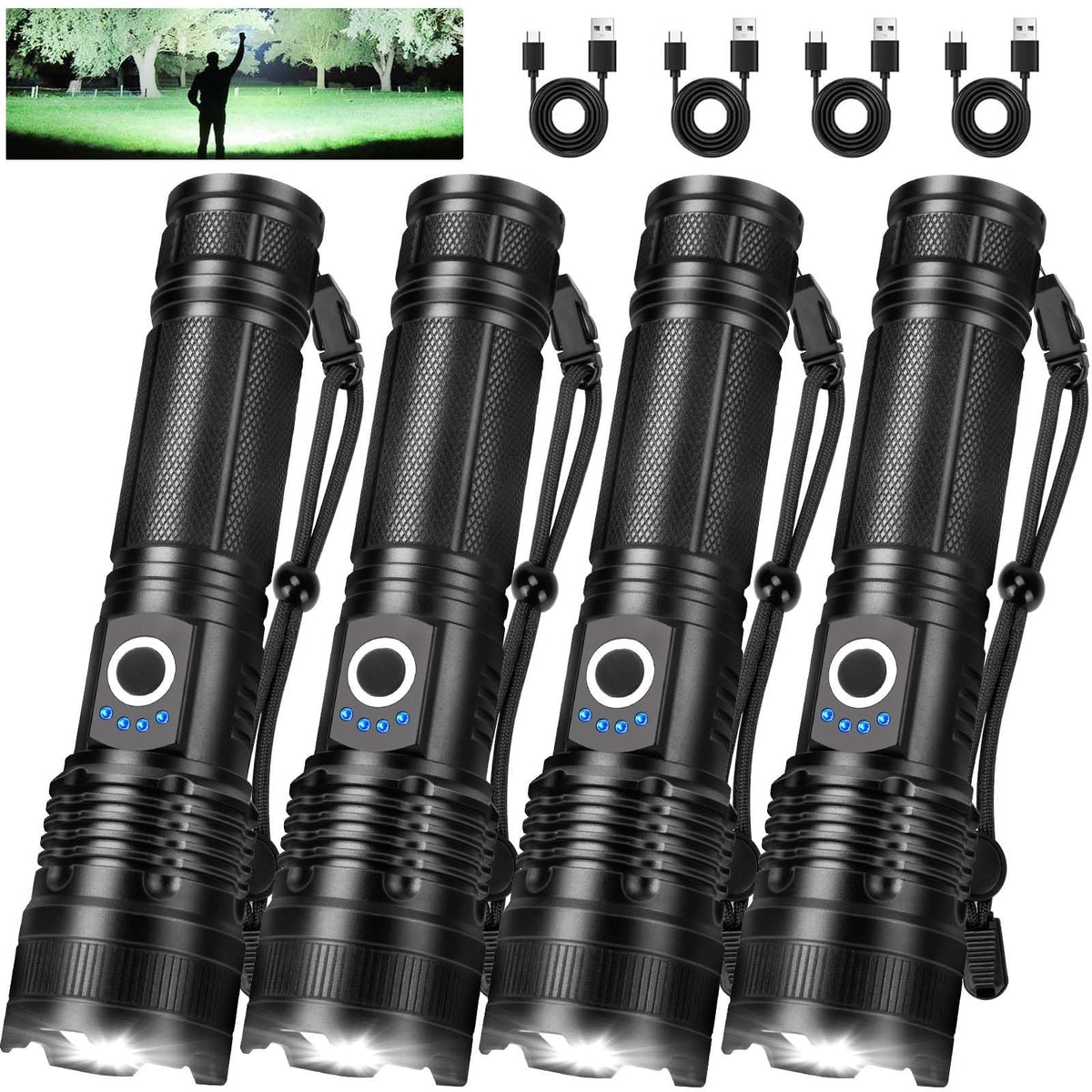 Rechargeable LED Flashlights 4 Pack - Waterproof High Lumens Outdoor Light