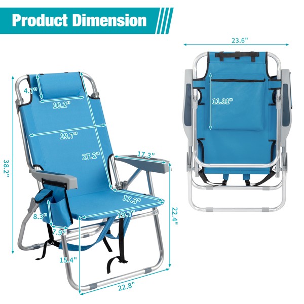 Blue Adjustable Beach Chair with Storage Cooler Pouch - Lightweight Portable Folding Chair