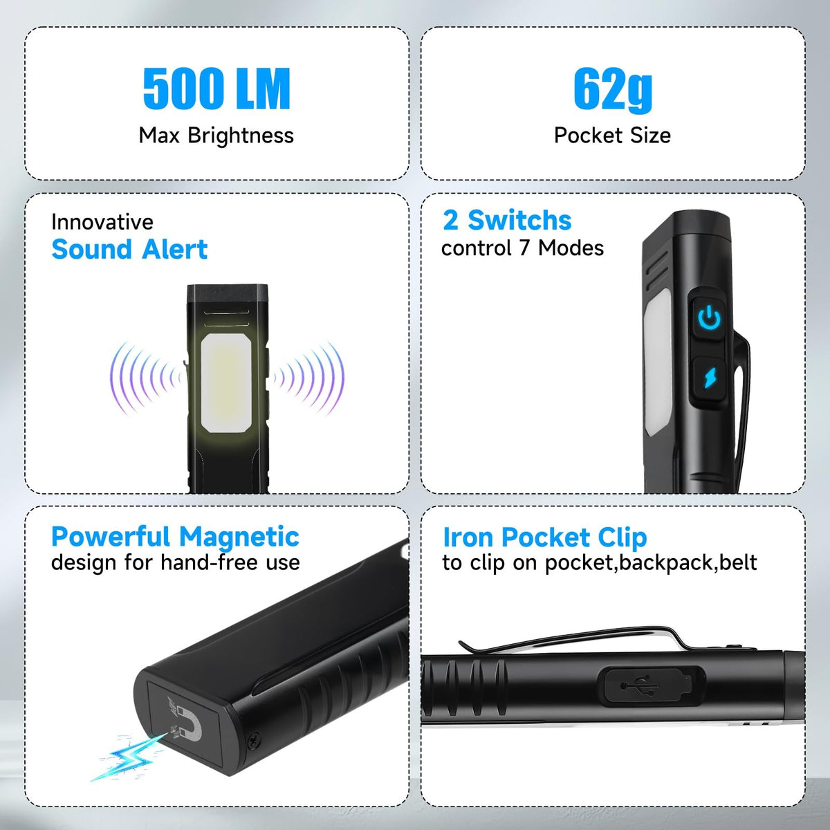 Rechargeable Pocket LED Flashlight with 7 Modes, Magnetic Base & SOS Alarm