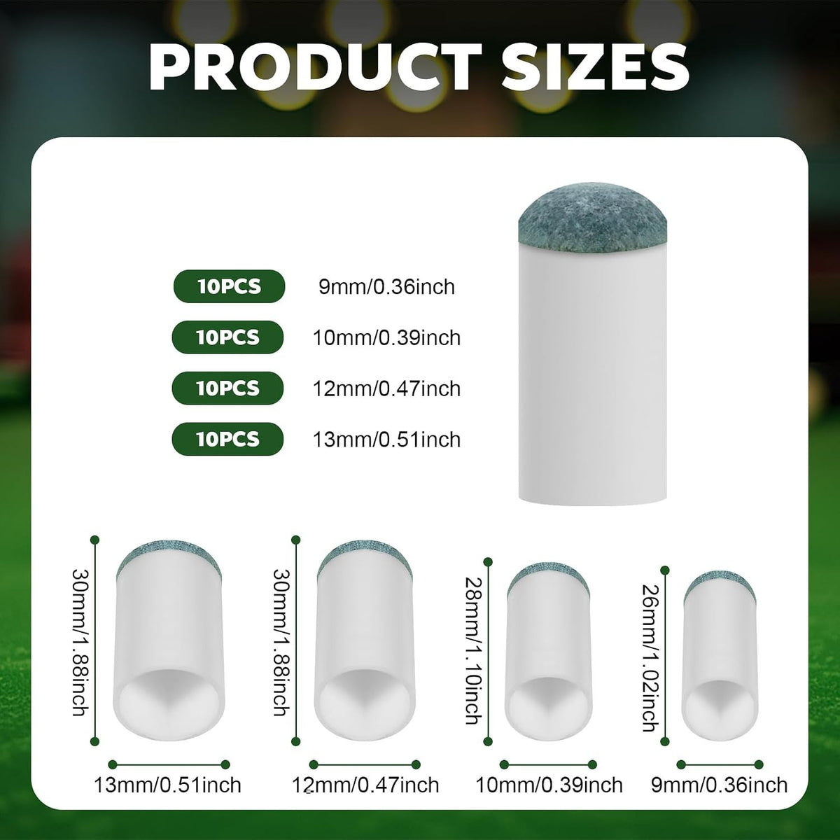 4 Sizes Pool Cue Tips Replacement Kit – 40 Pcs B Layer Leather Tips (9/10/12/13 mm) for Ques