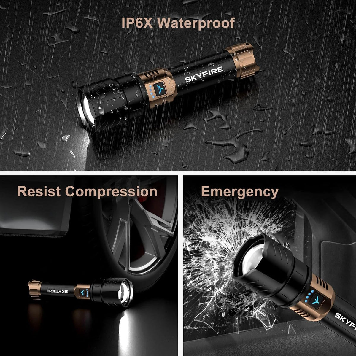 High-Lumen Rechargeable LED Flashlight with Fire Starting Lens Waterproof
