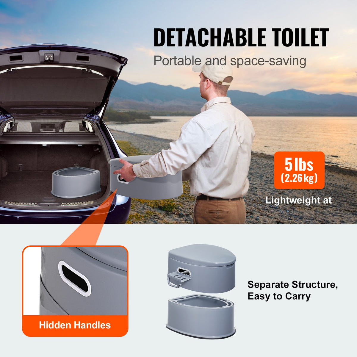 Portable Camping Toilet with Detachable Inner Bucket, Phone Shelf & Paper Holder