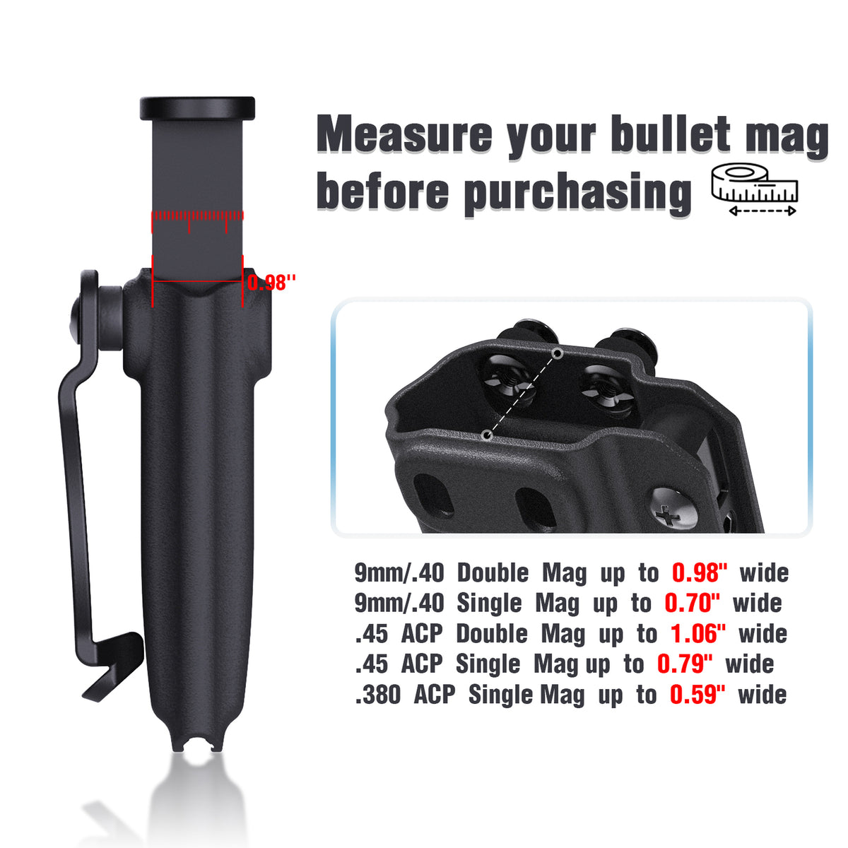 Kydex Magazine Holster for 9mm/.40/.45ACP - Ambidextrous IWB/OWB Double & Single Stack
