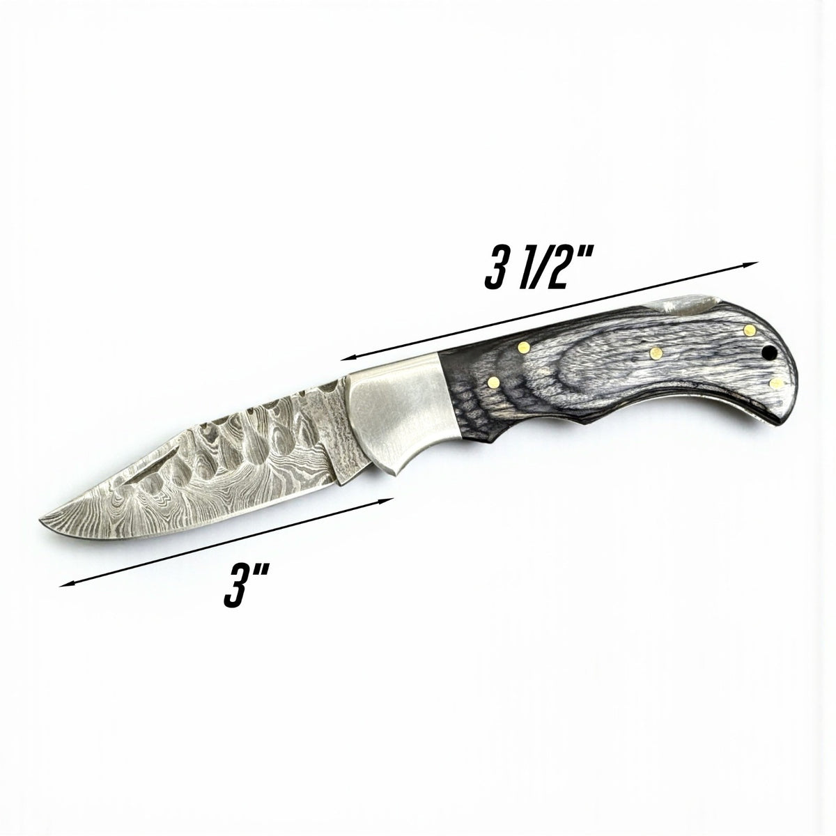 Handmade Damascus Folding Knife with Carved Pattern Blade and Wood Handle