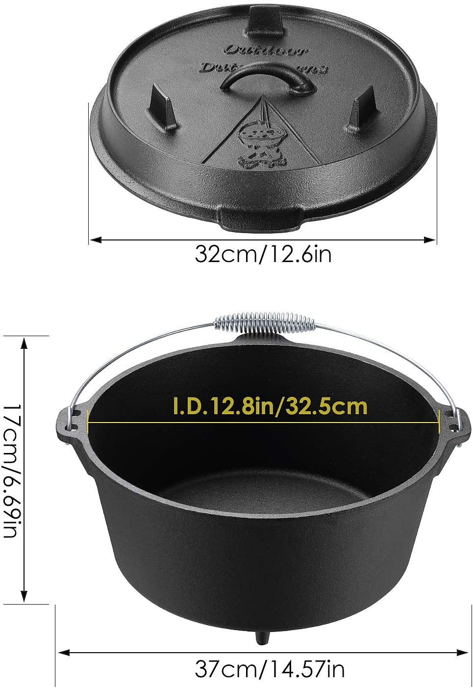 Pre-Seasoned Cast Iron Dutch Oven 9Qt for Camping & Home Cooking