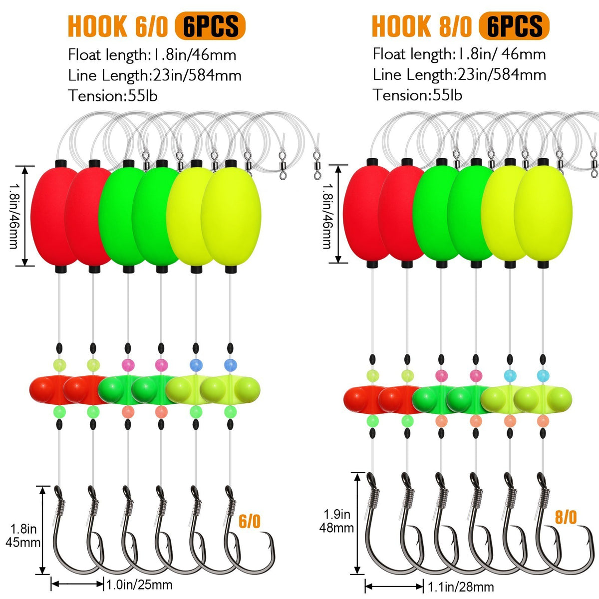 Catfish Rig with Oval Float & 8/0 Circle Hooks - Double Rattle Beads, Ready Tied Fishing Tackle