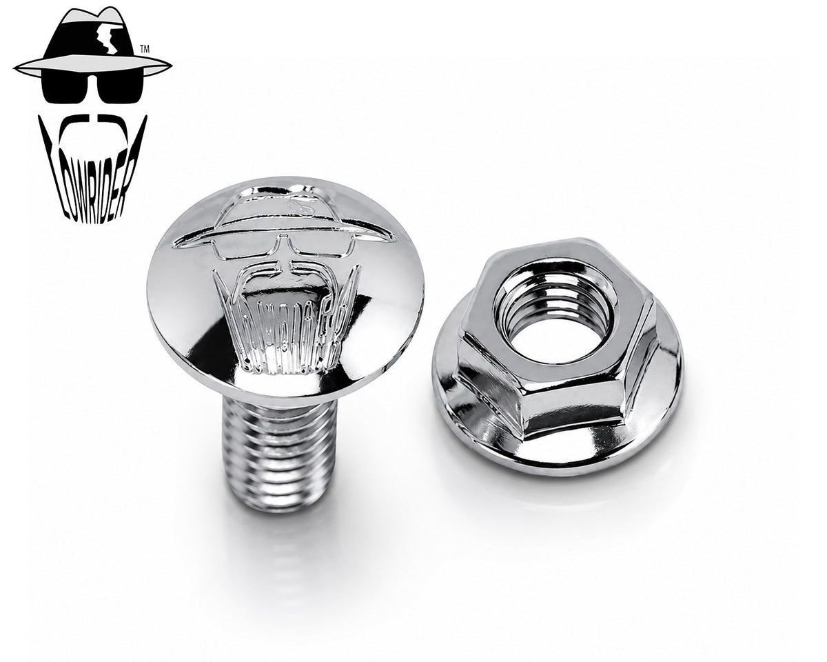 Lowrider Springer Fork Top Bolt & Nut Set - Chrome or Gold Finish, Logo Engraved