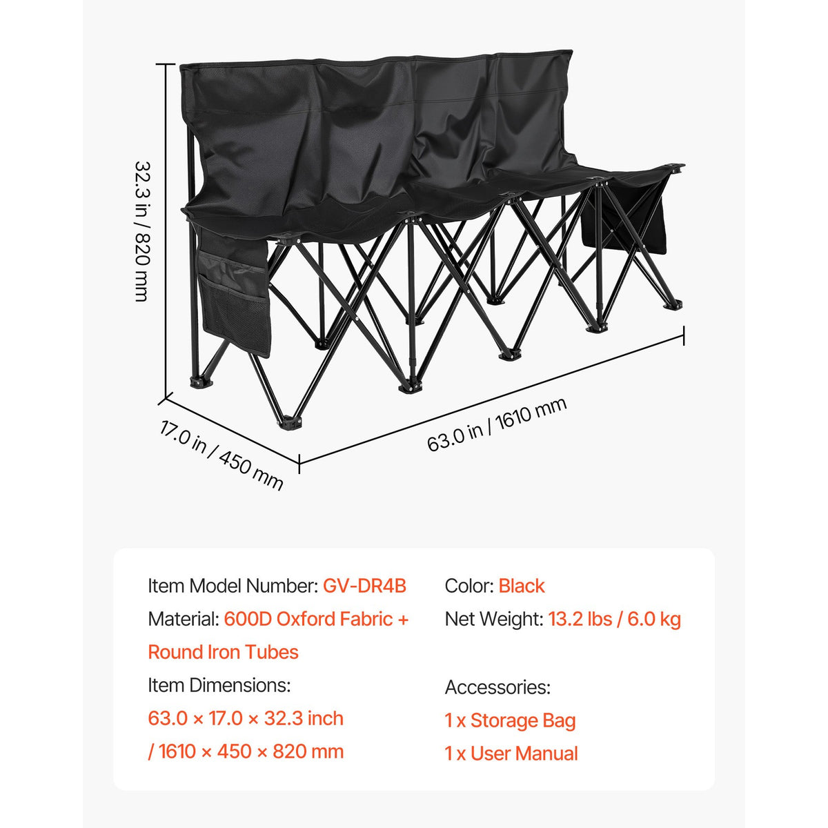 4-Seat Folding Sports Bench with Side Pockets and Carry Bag