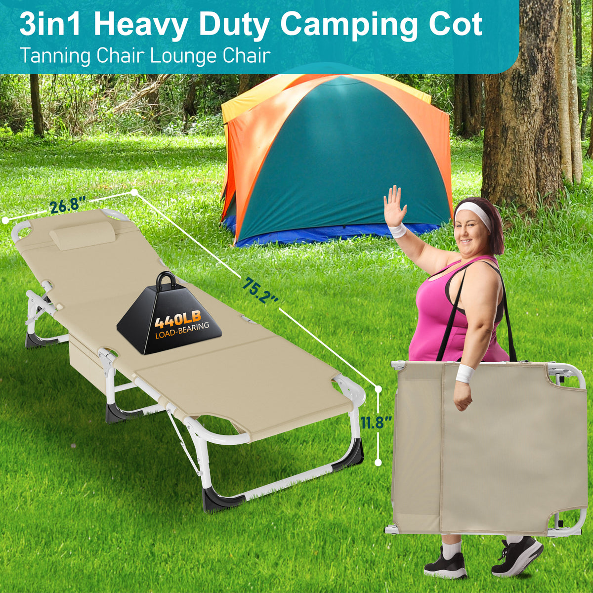 Heavy Duty Tanning Chair with Face Hole - Adjustable Folding Outdoor Lounge Bed