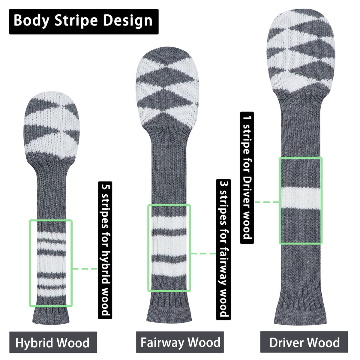 Knitted Golf Club Headcovers for Woods and Hybrids - Gray White Plaid
