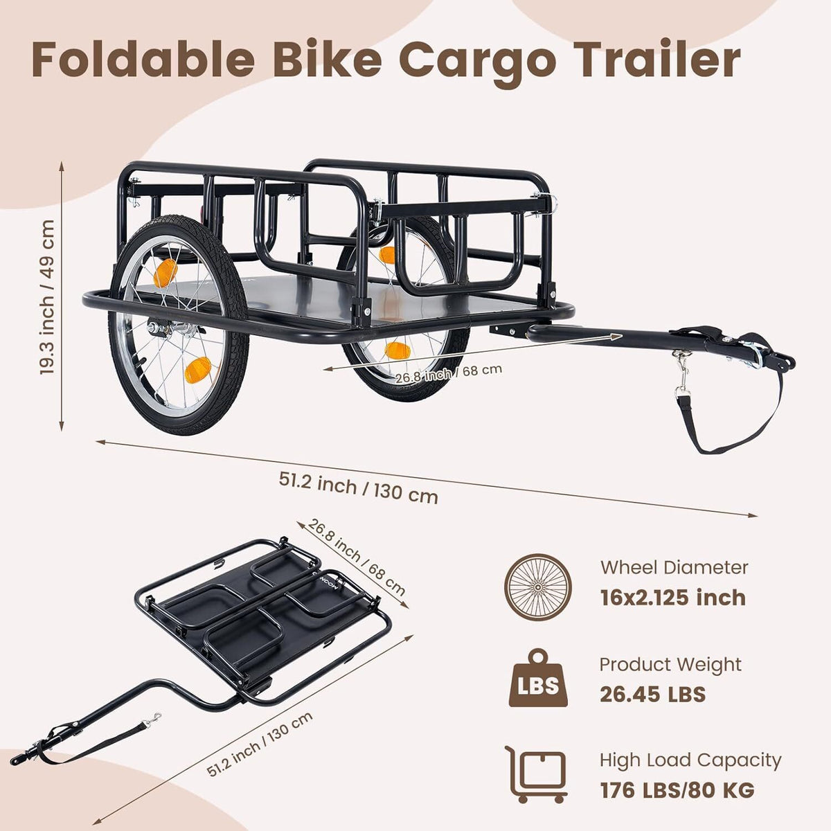 Foldable Bike Cargo Trailer with 176 lb Capacity and Off-Road Wheels
