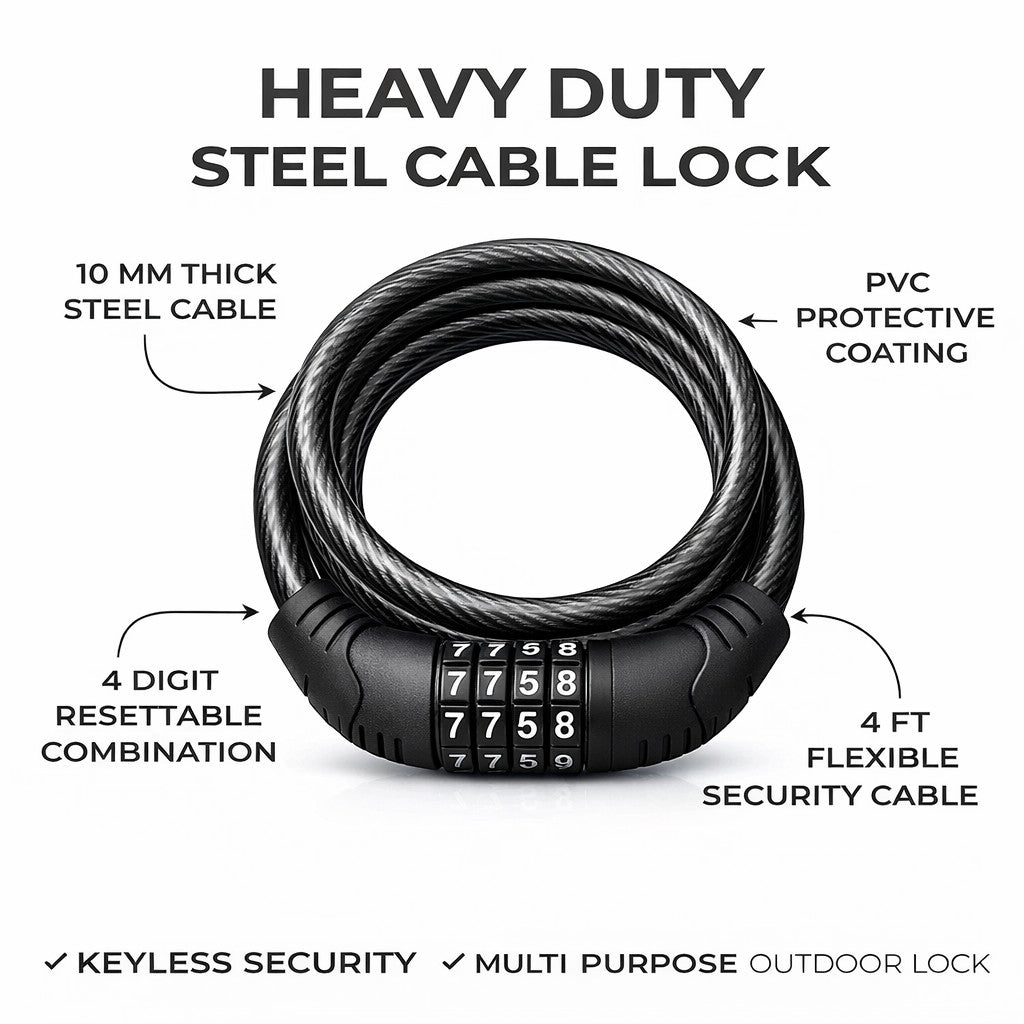 4FT Steel Bicycle Lock Cable with 4-Digit Resettable Combination - Heavy Duty Security