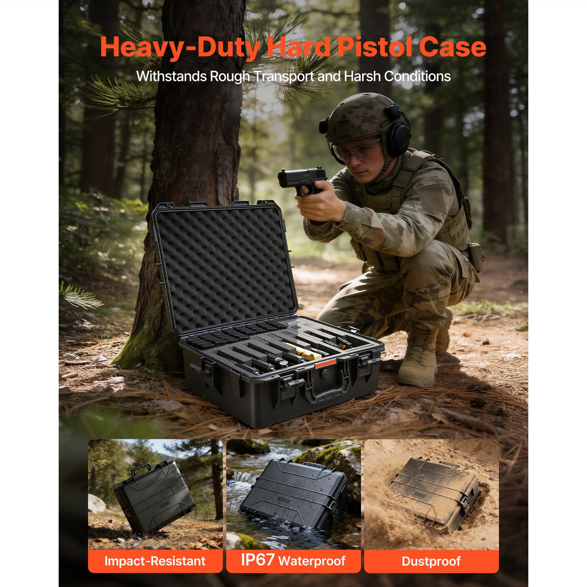 Hard Pistol Case with Foam Lining Waterproof Lockable Storage 21.9x17.9x8.8in