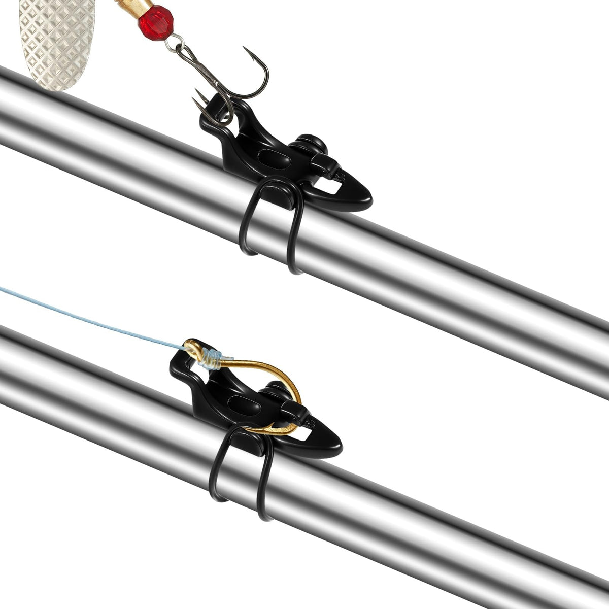 Fishing Hook Keeper Set with 3 Sizes for Rods - 6 Black Plastic & Rubber Holders