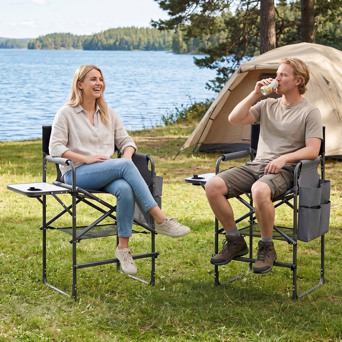 26-Inch Folding Tall Director Chair with Side Table & Cup Holders