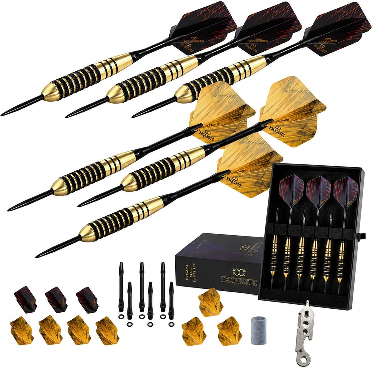 Premium Brass Darts Set — 6x22g Brass Barrels, Aluminum Shafts, Flights, Case