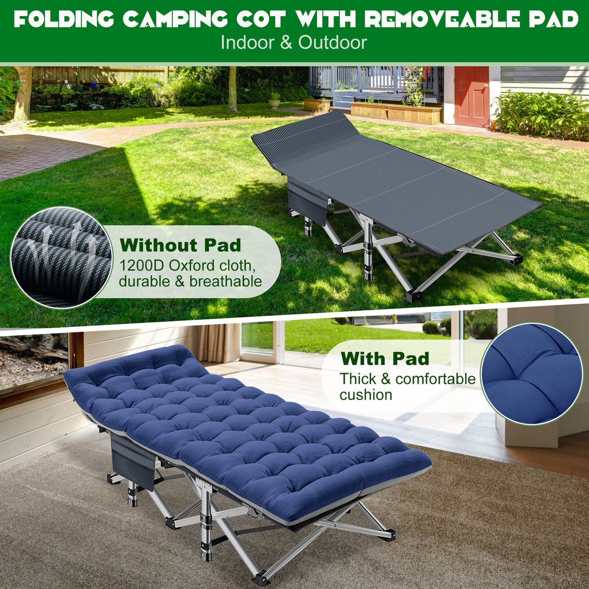 Heavy-Duty Camping Cot for Adults with Soft Padding and Carry Bag