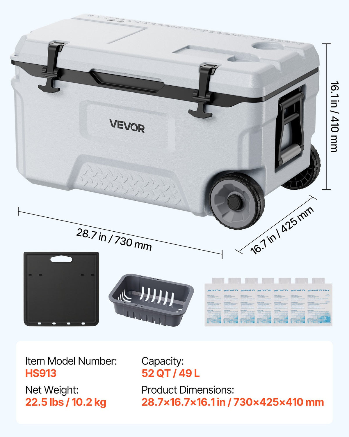 52QT Portable Hard Cooler with Rolling Wheels for Camping & Picnics