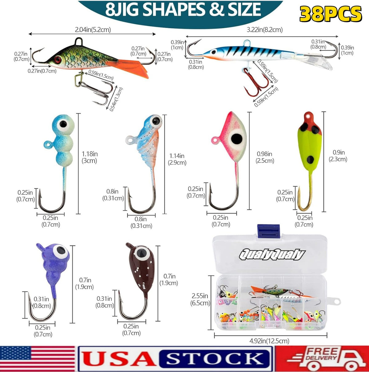 38Pcs Ice Fishing Jigs Set Glow Lures for Perch Crappie Panfish - Tackle Kit