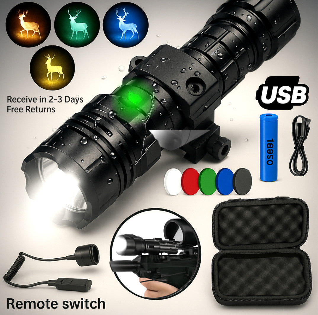 Tactical Waterproof USB Rechargeable Flashlight Kit for Outdoor Hunting Camping