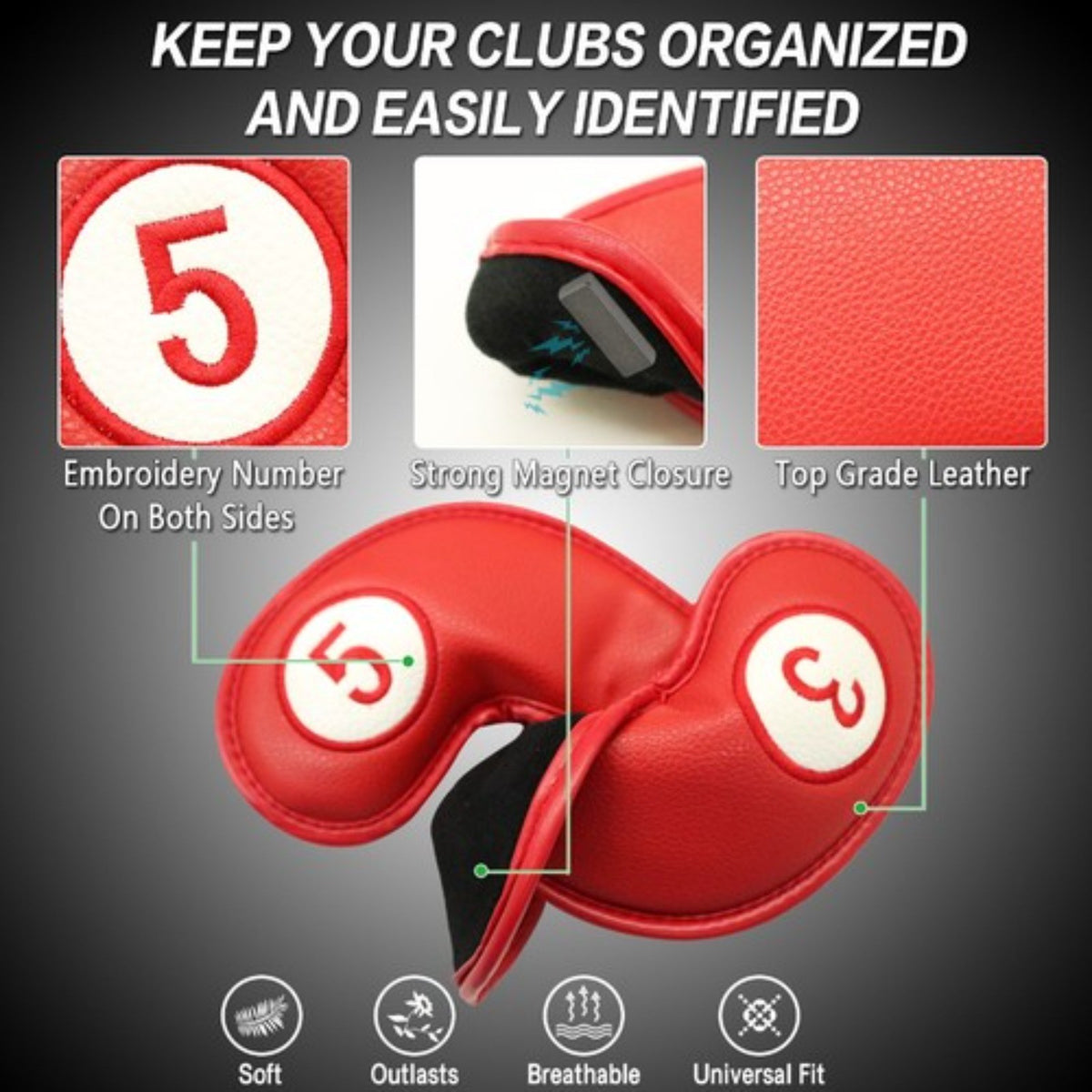 Golf Club Headcovers Magnetic Leather 9 Pack for Irons - Main Iron Clubs