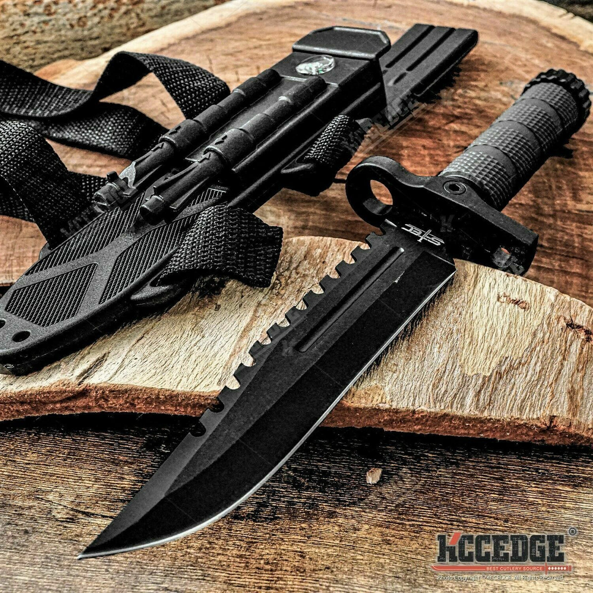 Tactical Survival Knife Kit with Fire Starter, Compass & Sharpener - 13.75 Inch