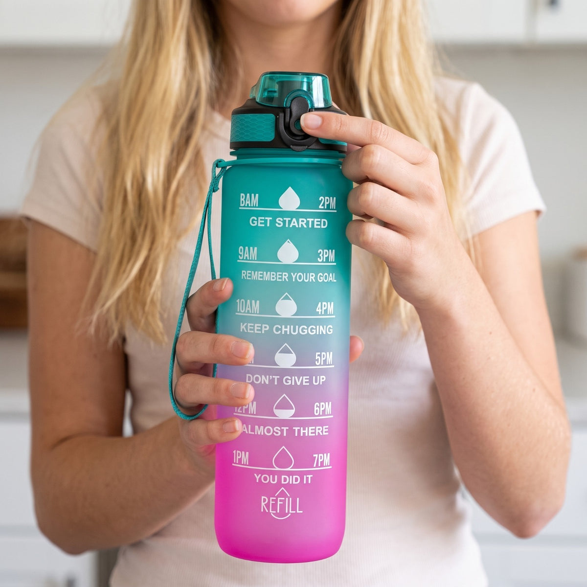 1L Motivational Water Bottle with Time Marker and Straw - BPA Free Tritan, Green Pink Gradient