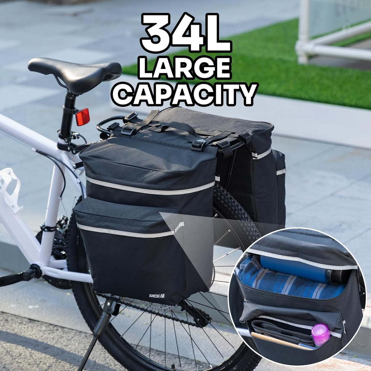 Waterproof 34L Bicycle Pannier Bags for Rear Rack - MTB Road E-Bike Storage