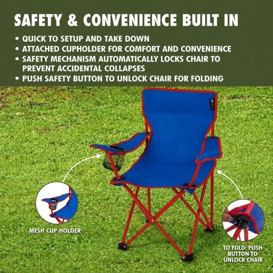 Kids Camping Chair with Cupholder - Blue, Portable Folding Outdoor Seat
