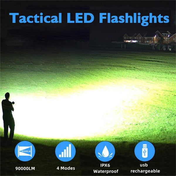 90000LM High Power LED Spotlight Flashlight with 4 Modes Waterproof Searchlight