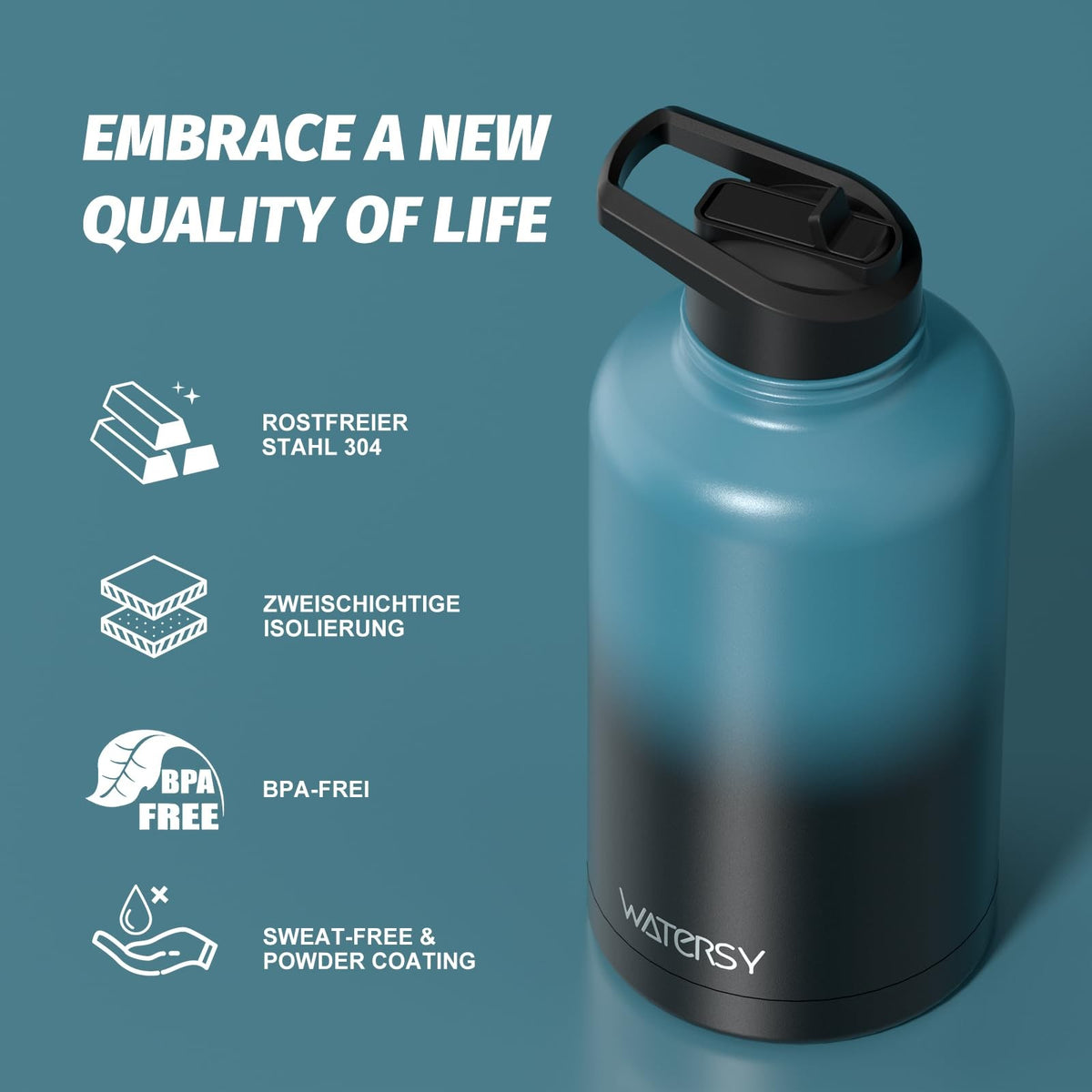 64oz Insulated Water Bottle - Keeps Drinks Cold 48H BPA-Free Stainless Steel