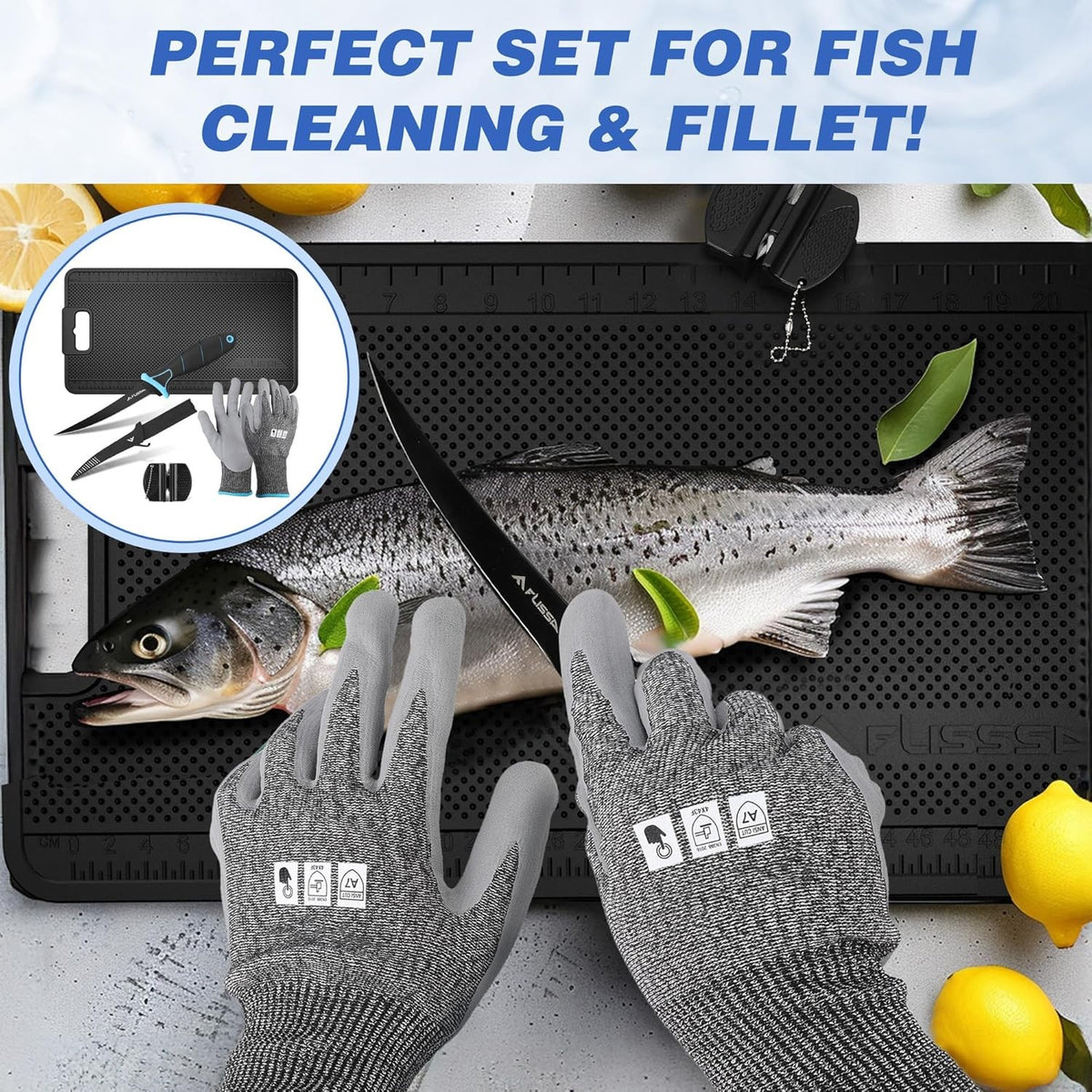 Fish Fillet Set with Knife, Mat, Sharpener & Gloves – Fish Cleaning Kit