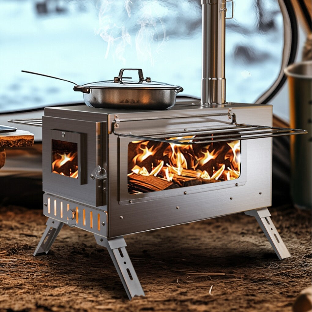 Stainless Steel Camping Tent Stove with Detachable Chimney and Cooking Function