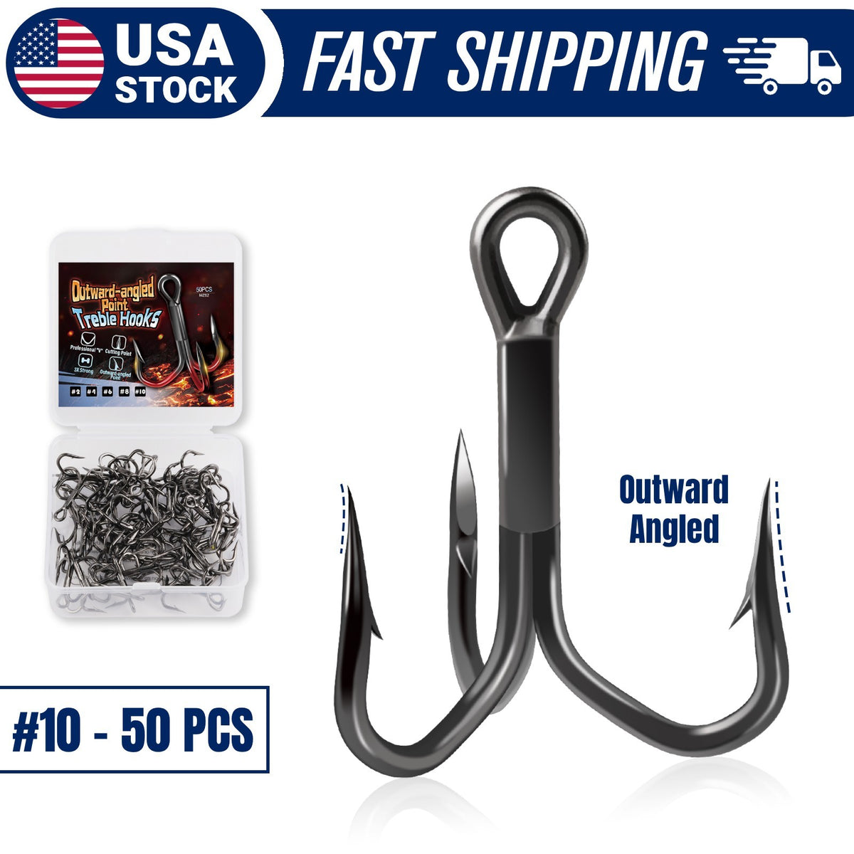 50pcs High Carbon Steel Treble Hooks Outward-Angled Point Fishing Hooks - Strong & Corrosion-Resistant
