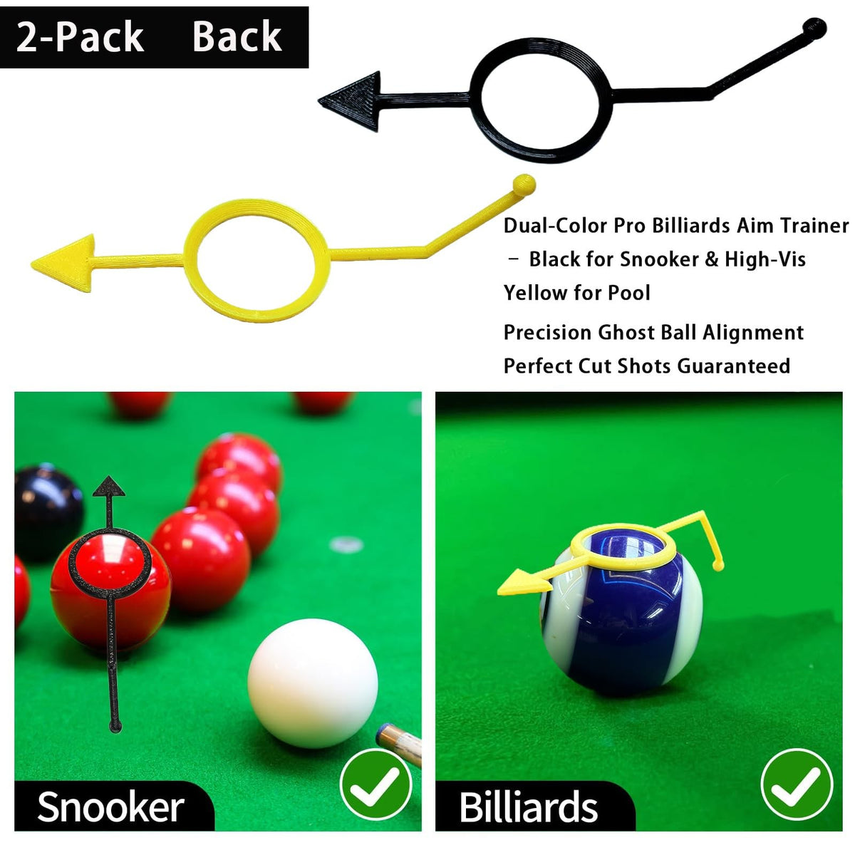 Billiards Aiming Trainer - 2 Pack Pool Cue Training Tool for Accuracy