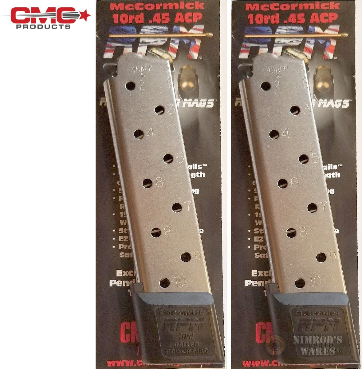 1911 Railed Power Magazine Set - 45 ACP 10 Rounds Stainless Steel